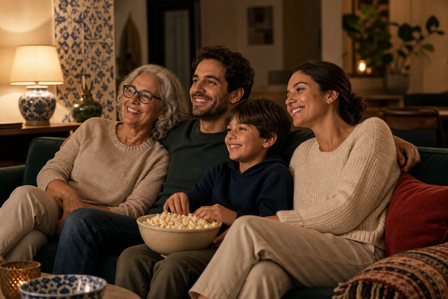 Família portuguesa reunida no sofá numa noite de cinema em casa