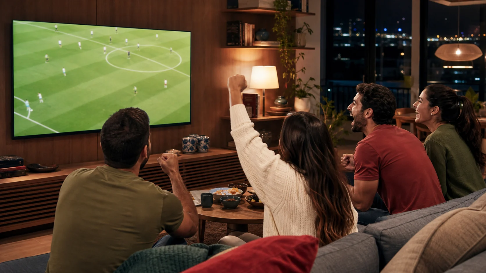 Amigos a festejar um golo enquanto veem futebol em casa
