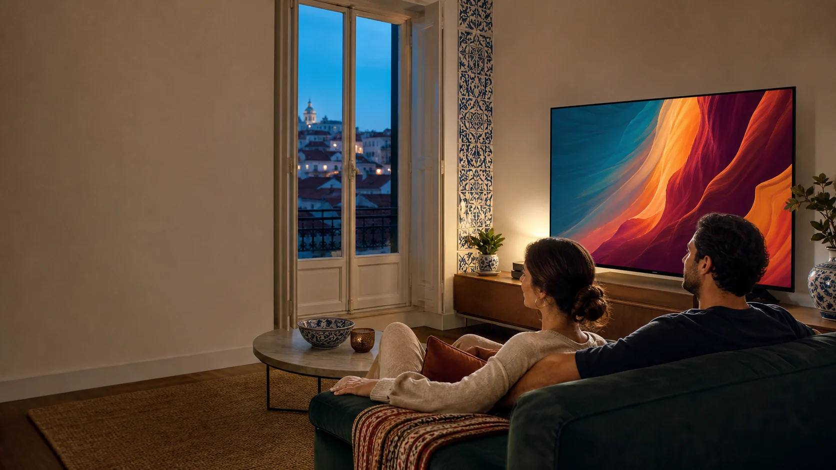 Casal a ver IPTV Portugal numa televisão de sala, ao final do dia em Lisboa