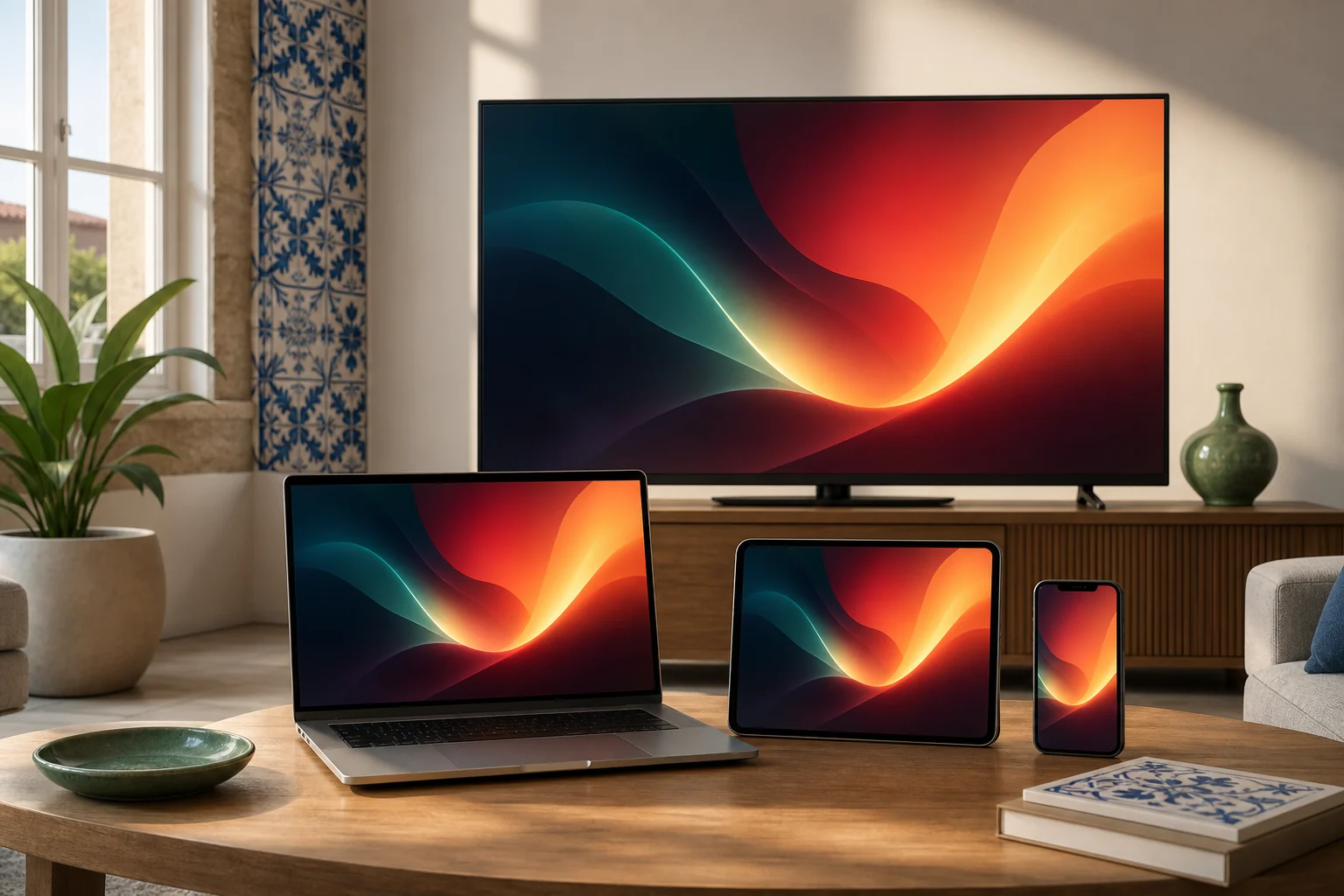 Televisão, computador portátil, tablet e telemóvel a reproduzir conteúdos em simultâneo